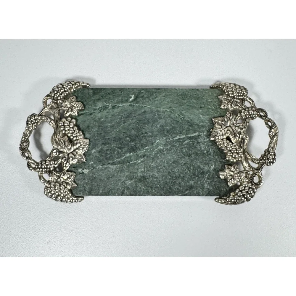 Goldinger Green Marble Silverplate Cheese Serving Plate Handles Grape‎ Leaves